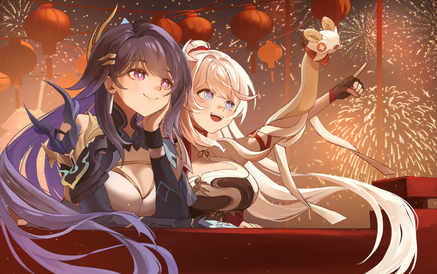 absurdres aerial_fireworks black_gloves blue_eyes breasts cleavage commentary_request fingerless_gloves fireworks gloves high_ponytail highres honkai_(series) honkai_impact_3rd kiana_kaslana kiana_kaslana_(ba-dum!_fiery_wishing_star) lantern large_breasts long_hair mofumanju night paper_lantern ponytail purple_eyes purple_hair raiden_mei raiden_mei_(xentinel:_dawnbearing_crescent) rice_cake_(honkai_impact) second-party_source sky_lantern smile snake very_long_hair white_hair