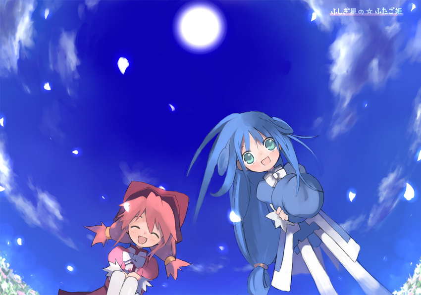 blue_hair closed_eyes cloud coat copyright_name day dutch_angle field fine floating_hair flower fushigiboshi_no_futago_hime hat hat_removed headwear_removed holding holding_hat long_hair long_sleeves looking_at_viewer mitsuki_mouse multiple_girls overcoat pantyhose petals pink_hair puffy_sleeves rein sky smile standing top_hat twintails very_long_hair wind