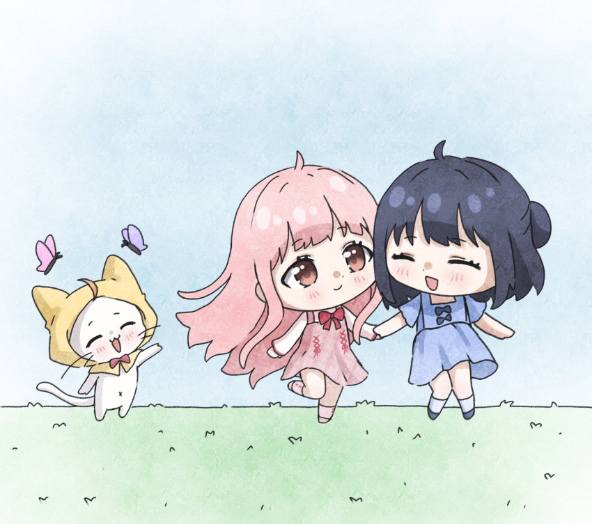 2girls ^_^ ahoge animal ankle_socks black_hair bloom_poetry_(shining_nikki) blue_bow blue_dress blue_shoes blue_sky bow bow_button bowtie brown_eyes bug butterfly cat cloak closed_eyes closed_mouth clothed_animal commentary cross-laced_clothes cross-laced_dress cross-laced_legwear day dot_nose dress ear_covers english_commentary eyelashes grass grey_socks hair_bun happy highres holding_hands hood hood_up hooded_cloak kneehighs leg_up light_blush long_hair long_sidelocks long_sleeves looking_at_another medium_dress medium_hair meme momo_(nikki) multiple_girls nikki_(nikki) nikki_(series) nonoberry22 open_mouth outdoors pinafore_dress pink_butterfly pink_dress pink_hair pink_shoes plaid_clothes plaid_dress pleated_dress purple_butterfly red_bow red_bowtie shining_nikki shirt shoes short_sleeves sidelocks single_hair_bun sky sleeveless sleeveless_dress sleeves_past_wrists smile socks square_neckline stylist_(nikki) tareme too_literal touch_grass_(meme) traditional_bowtie very_long_hair walking waving whiskers white_cat white_shirt white_socks x_navel yellow_cloak
