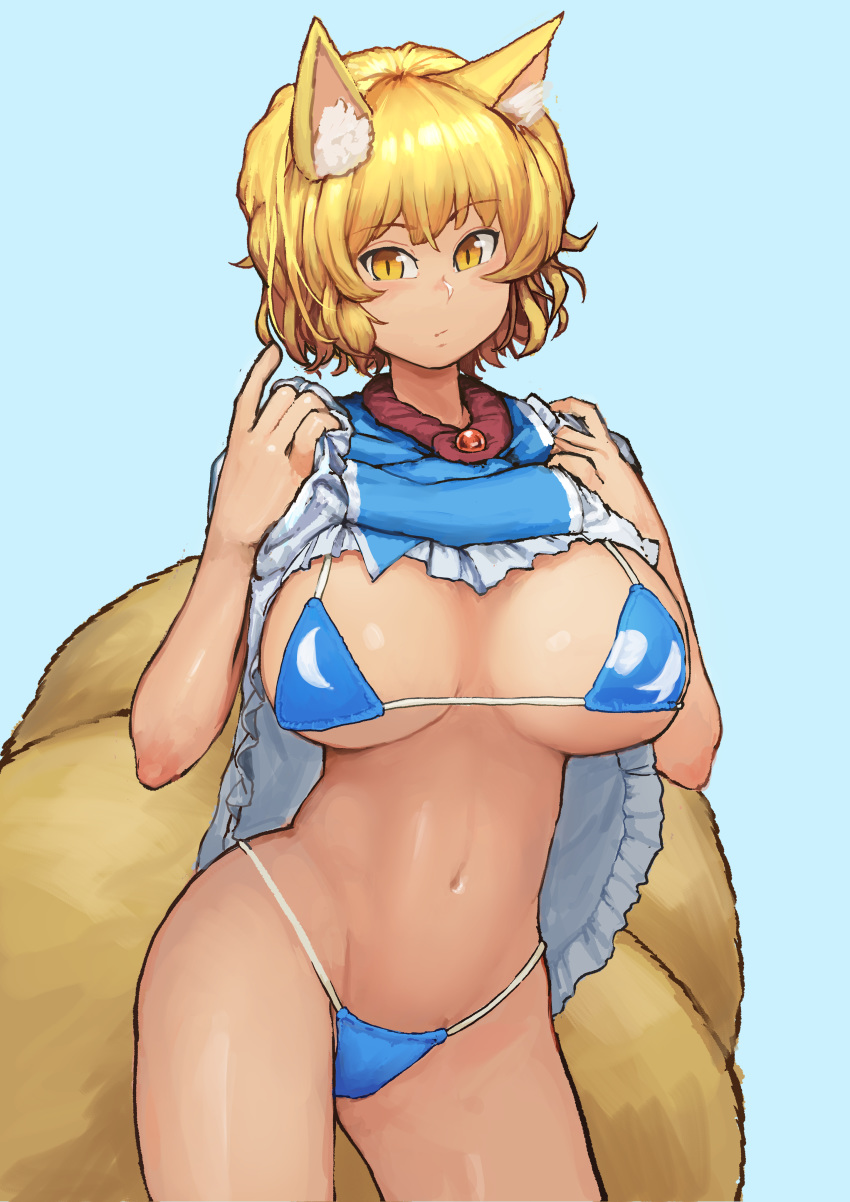 animal_humanoid big_breasts bikini blonde_hair breasts canid canid_humanoid canine canine_humanoid chanta clothed clothing female fox_humanoid hair humanoid inner_ear_fluff mammal multi_tail navel raised_dress ran_yakumo short_hair slit_pupils solo swimsuit touhou undressing yellow_eyes