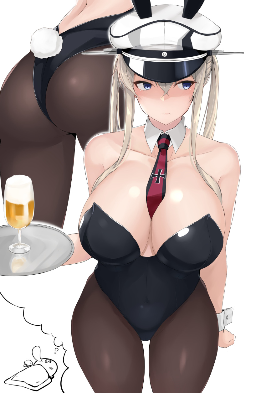 absurdres admiral_(kantai_collection) alcohol beer black_leotard blue_eyes breasts bunny_girl bunnysuit cleavage cup detached_collar drinking_glass graf_zeppelin_(kantai_collection) hair_between_eyes hat highres iron_cross kantai_collection large_breasts leotard maruya1006 military_hat multiple_views necktie pantyhose peaked_cap sidelocks strapless strapless_leotard tray twintails white_background white_hat wine_glass wrist_cuffs