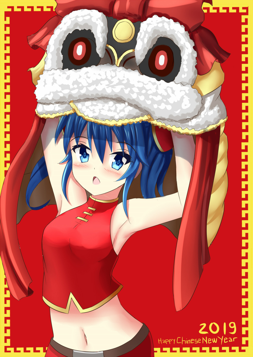 1girl 2019 :o arlly_radithia armpits arms_up blue_eyes blue_hair blush breasts chinese_new_year commentary_request fur_trim happy_new_year highres long_hair midriff navel new_year open_mouth original red_background red_shirt shirt sidelocks sleeveless sleeveless_shirt small_breasts solo