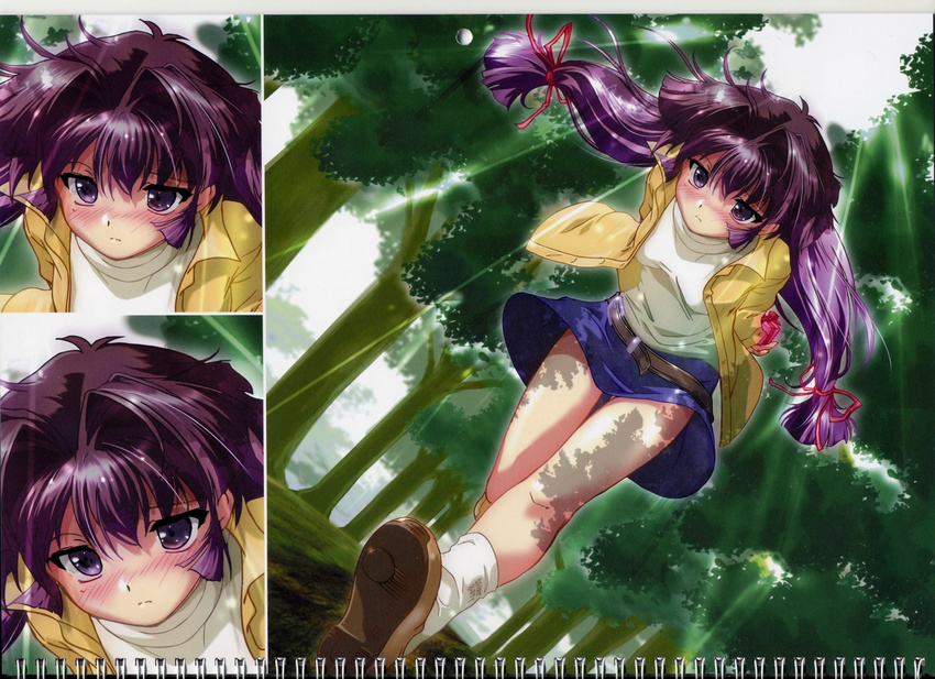 bangs brown_footwear closed_mouth dappled_sunlight day hair_between_eyes highres kamishiro_rin komatsu_eiji long_hair long_sleeves looking_at_viewer maburaho multiple_views outdoors purple_eyes purple_hair scan shirt shoes socks sunlight tree walking white_legwear white_shirt