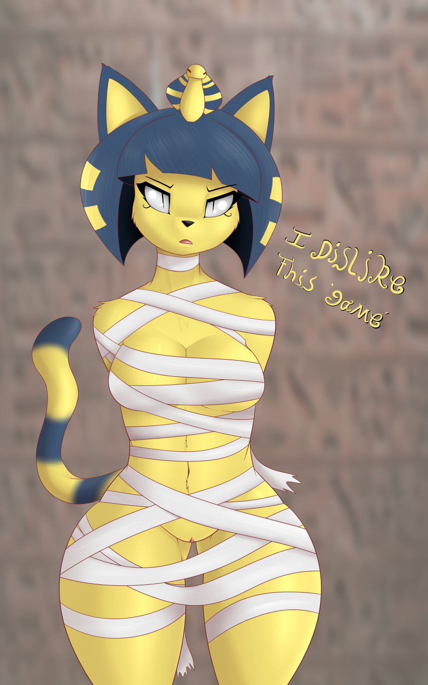 absurd_res animal_crossing ankha_(animal_crossing) anthro big_breasts booponies bound breasts cleavage clothed clothing displeased domestic_cat felid feline felis female headwear hi_res mammal nintendo pussy standing text tsundere video_games