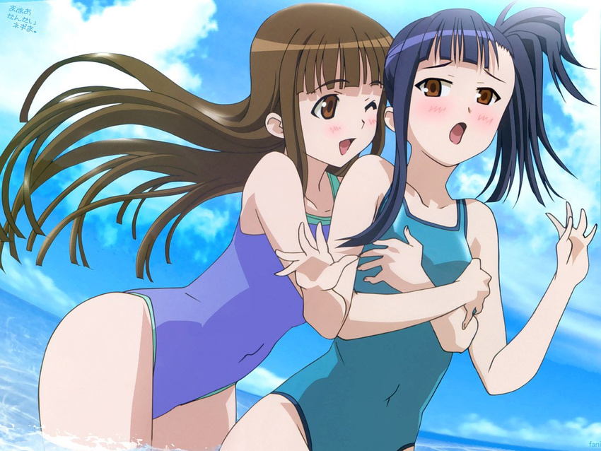 artist_request blush breast_grab breasts grabbing hug hug_from_behind konoe_konoka mahou_sensei_negima! multiple_girls one-piece_swimsuit ponytail sakurazaki_setsuna side_ponytail swimsuit