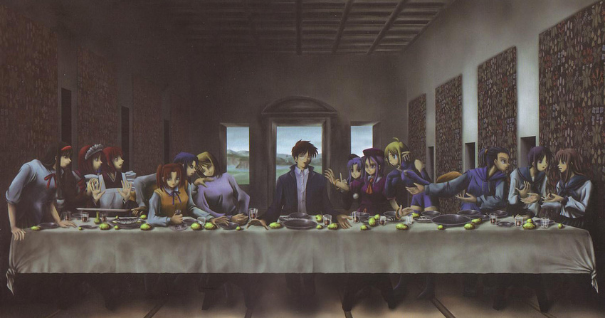 6+girls arcueid_brunestud artist_request blonde_hair ciel everyone fine_art_parody hisui kohaku len melty_blood misawa_hanei multiple_girls nanako_(melty_blood) parody pointy_ears seo_akira sion_eltnam_atlasia the_last_supper toono_akiha toono_shiki tsukihime tsukihime_souka yumizuka_satsuki