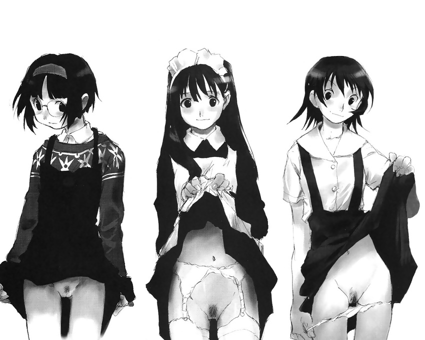 greyscale hate_shinaku_aoi_kono_sora_no_shita_de.... homura_yuuka long_sleeves matsukura_asuna monochrome multiple_girls no_panties pubic_hair skirt skirt_lift takamichi yoshino_amane