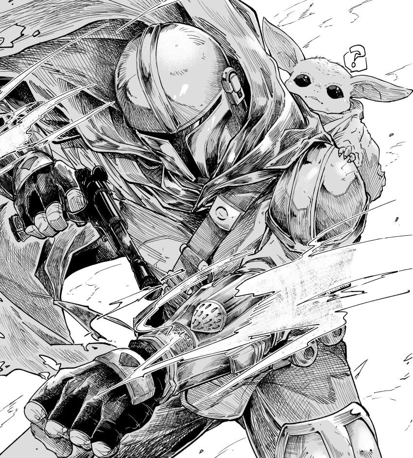 2boys ? absurdres armor blaster_(star_wars) breastplate cape creature creature_on_shoulder din_djarin floating_cape gloves greyscale grogu gun handgun helmet highres holding holding_gun holding_weapon kudou_makoto male_focus mandalorian mandalorian_helmet monochrome multiple_boys on_shoulder pants speech_bubble spoken_question_mark star_wars the_mandalorian the_mandalorian_and_grogu weapon