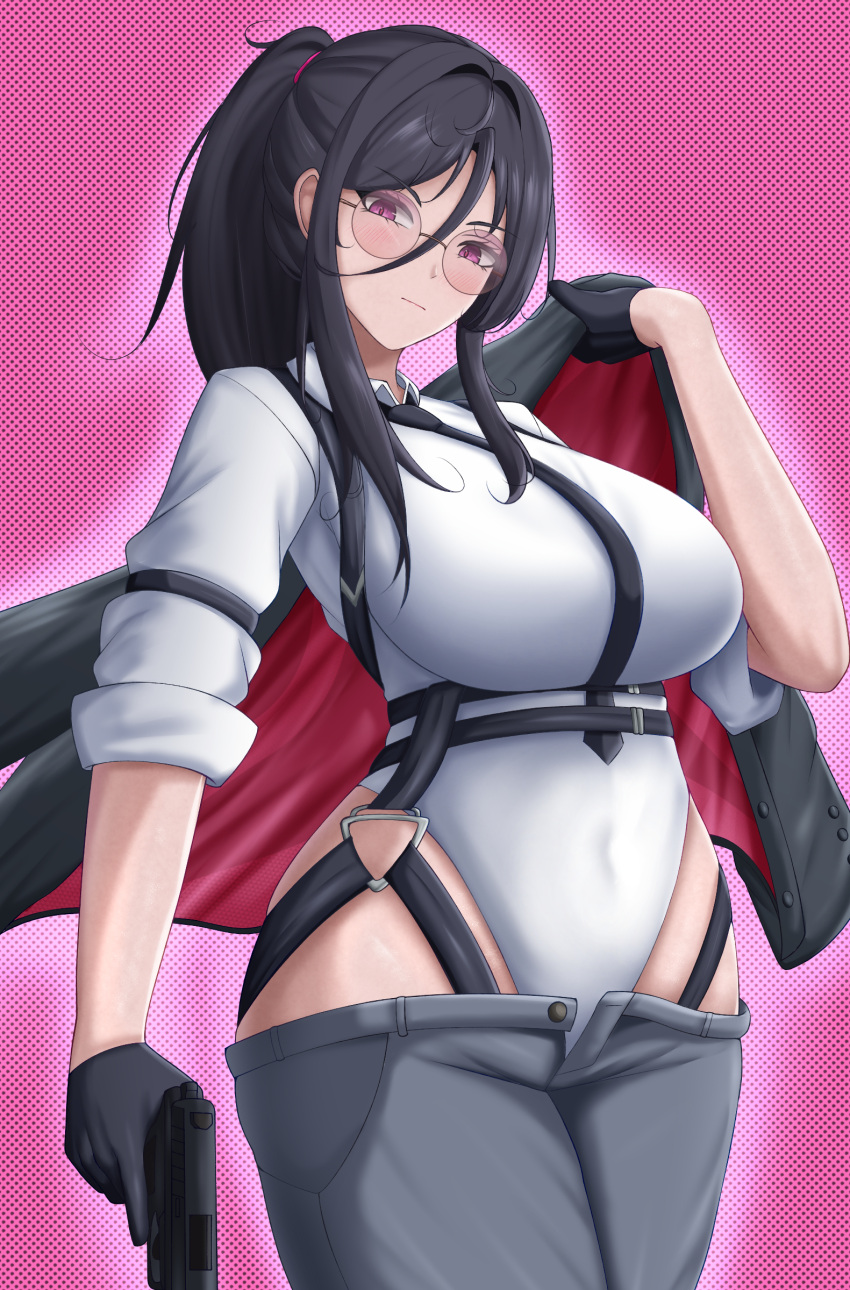 1girl black_gloves black_hair black_jacket black_leotard black_necktie breasts collared_leotard covered_navel e.h._(junkyard_vanguard)_(nikke) e.h._(nikke) glasses gloves goddess_of_victory:_nikke gradient_hair grey_pants gun hair_between_eyes half_gloves handgun harness highleg highleg_leotard highres holding holding_gun holding_unworn_clothes holding_unworn_jacket holding_weapon jacket large_breasts leotard looking_at_viewer multicolored_hair necktie official_alternate_costume pants ponytail purple_eyes rabbitttt round_eyewear solo unworn_jacket weapon