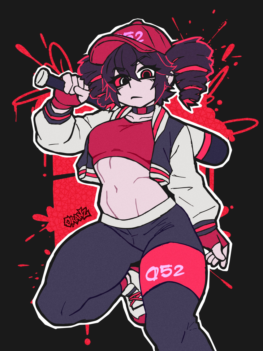 1girl absurdres arched_back arm_at_side baseball_bat baseball_cap black_border black_collar black_hair black_jacket black_pants border breasts carrying_over_shoulder closed_mouth clothes_writing collar colored_sclera commentary crop_top cropped_jacket cropped_shirt curvy double-parted_bangs downturned_eyes drill_hair english_commentary eyes_visible_through_hair film_grain fingerless_gloves foot_out_of_frame from_below frown gloves groin hair_between_eyes hand_up hat heterochromia highres holding holding_baseball_bat jacket kasane_teto letterman_jacket linea_alba long_sleeves looking_at_viewer midriff mismatched_sclera navel open_clothes open_jacket oranz0 outline outside_border over_shoulder pants puffy_long_sleeves puffy_sleeves raglan_sleeves red_background red_eyes red_gloves red_hat red_sclera red_shirt sailor_collar shirt shoelaces shoes short_hair sidelocks simple_background small_breasts solo standing standing_on_one_leg synthesizer_v thick_lineart thick_thighs thighs twin_drills utau v-shaped_eyebrows weapon weapon_over_shoulder white_eyes white_outline white_sailor_collar white_shoes white_sleeves yararara_(synthesizer_v)