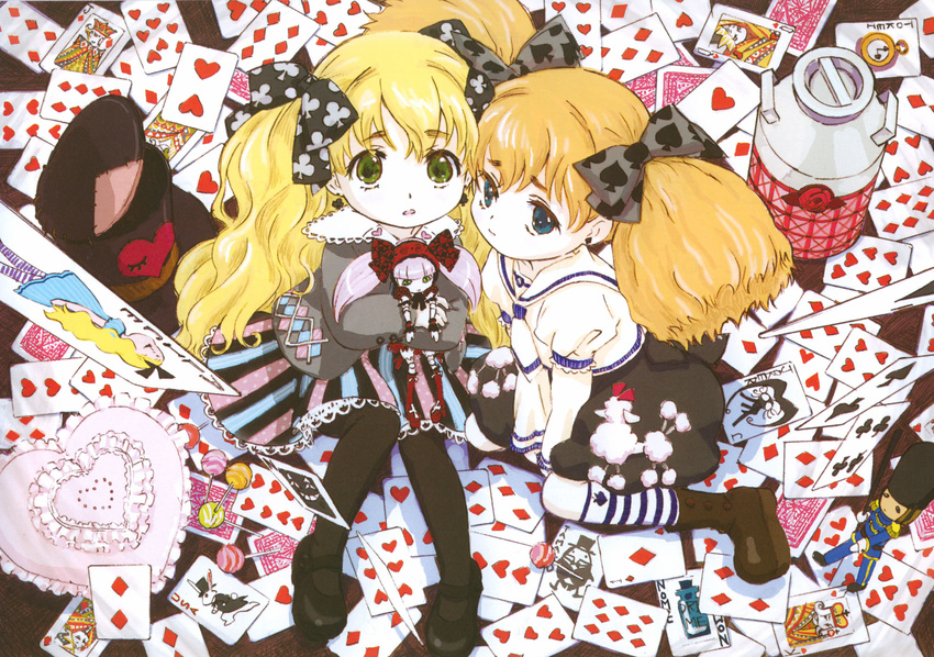 alice_(wonderland) alice_in_wonderland artist_request black_legwear blonde_hair blue_eyes boots candy card cheshire_cat child dog falling_card flower food green_eyes hat heart highres humpty_dumpty lollipop long_sleeves milk multiple_girls pantyhose pillow playing_card pocket_watch poodle queen_of_hearts red_flower red_rose rose skirt soldier striped striped_legwear thighhighs top_hat twintails watch white_rabbit