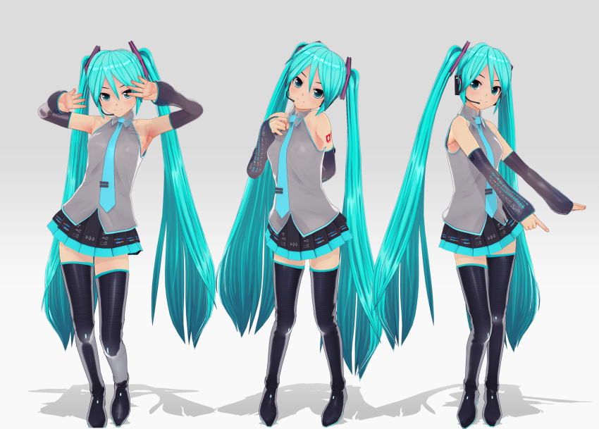 1girl 3d aqua_eyes aqua_hair artist_request bare_shoulders boots detached_sleeves full_body gradient gradient_background grey_background hatsune_miku headphones highres long_hair looking_at_viewer matching_hair/eyes multiple_views pleated_skirt skirt sleeveless standing thigh_boots thighhighs tie twintails very_long_hair vocaloid zettai_ryouiki