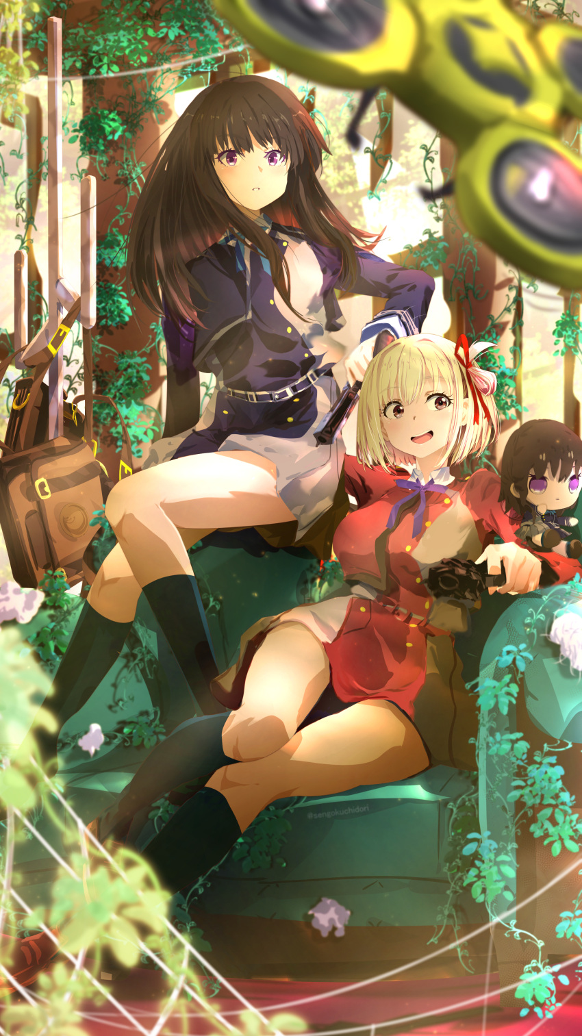 2girls absurdres backpack bag black_hair black_socks blonde_hair blue_dress blurry blurry_foreground commentary_request couch dress drone gun hair_ribbon handgun highres holding holding_gun holding_weapon inoue_takina kneehighs long_hair lycoris_recoil lycoris_uniform multiple_girls nishikigi_chisato on_couch one_side_up overgrown parted_lips purple_eyes red_dress red_eyes red_ribbon ribbon sengoku_chidori short_hair sitting socks weapon