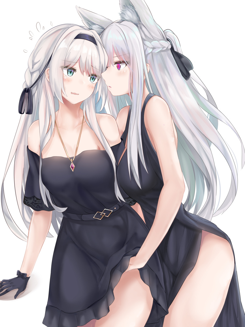 2girls absurdres ak-12_(girls_frontline) an-94_(girls_frontline) animal_ear_fluff animal_ears arm_support bare_arms bare_shoulders belt black_dress black_gloves black_ribbon blue_eyes blush braid breasts collarbone commentary_request cowboy_shot dress flying_sweatdrops french_braid girls_frontline gloves hair_intakes hair_ribbon hairband highres jewelry long_hair looking_at_another medium_breasts multiple_girls necklace off-shoulder_dress off_shoulder parted_lips profile purple_eyes ribbon ru_zhai side_slit sidelocks silver_hair simple_background sleeveless sleeveless_dress standing thighs wavy_mouth white_background yuri