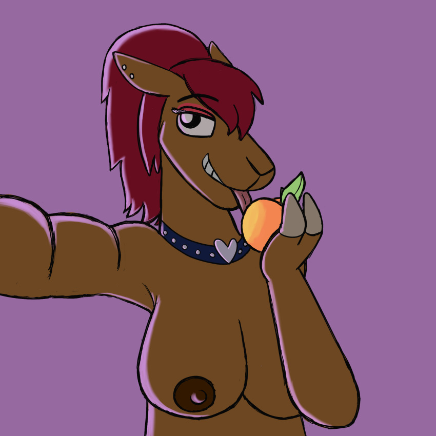 anthro breasts camelid cloven_hooves collar crocodilianbooty ear_piercing female food fruit hair half-closed_eyes hooves licking makeup mammal nipples peach_(fruit) piercing ponytail selfie simple_background skylor_(crocodilianbooty) tongue tongue_out vicu&ntilde;a