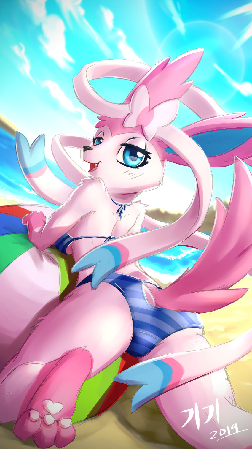 2019 3_toes anthro ball beach beach_ball black_nose blue_eyes bow butt clothing cloud cute_fangs eeveelution female fluffy fluffy_ears fluffy_tail fur half-closed_eyes inviting kikisnowpaw looking_at_viewer looking_back markings nintendo pawpads pink_ears pink_fur pink_pawpads pink_tail pok&eacute;mon pok&eacute;mon_(species) raised_tail rear_view ribbons sand sea seaside sky snout socks_(marking) swimsuit sylveon toes tongue video_games water white_fur