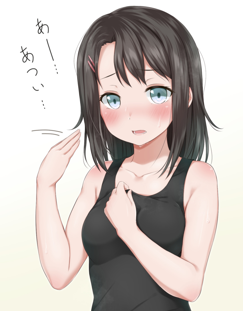 1girl bang_dream! bangs bare_arms bare_shoulders black_hair black_tank_top blue_eyes blush breasts brown_background collarbone commentary_request eyebrows_visible_through_hair fanning_face fanning_self gradient gradient_background hair_ornament hairclip highres hitotsuki_no_yagi hot long_hair looking_at_viewer medium_breasts okusawa_misaki open_mouth solo sweat tank_top translation_request white_background