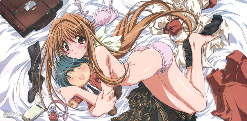 backpack bag barefoot bed bed_sheet blush bra bra_removed cellphone character_doll doll kakyuusei_2 kurashima_tomoyasu lingerie long_hair looking_at_viewer megami multiple_girls official_art oriya_rouma panties phone purple_panties ribbon-trimmed_panties ribbon-trimmed_underwear ribbon_trim saimon_tamaki scan school_uniform shirt_removed single_sock skirt skirt_removed smile sock_dangle socks topless underwear underwear_only undressing