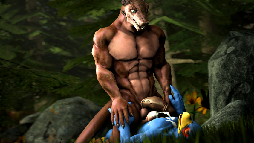 3d_(artwork) 5_fingers abs absurd_res anthro anthro_on_anthro anthrofied avian balls beak bird blue_eyes blue_feathers claws cowgirl_position crossover cum cum_on_chest cum_on_penis digital_media_(artwork) eyes_closed falco_lombardi falcon feathers fox_whisper85 grass grind hi_res horn interspecies lizard male male/male male_on_top muscular muscular_male nintendo nutjob on_top orgasm penis reptile scalie sex source_filmmaker star_fox teeth tongue tree vein video_games