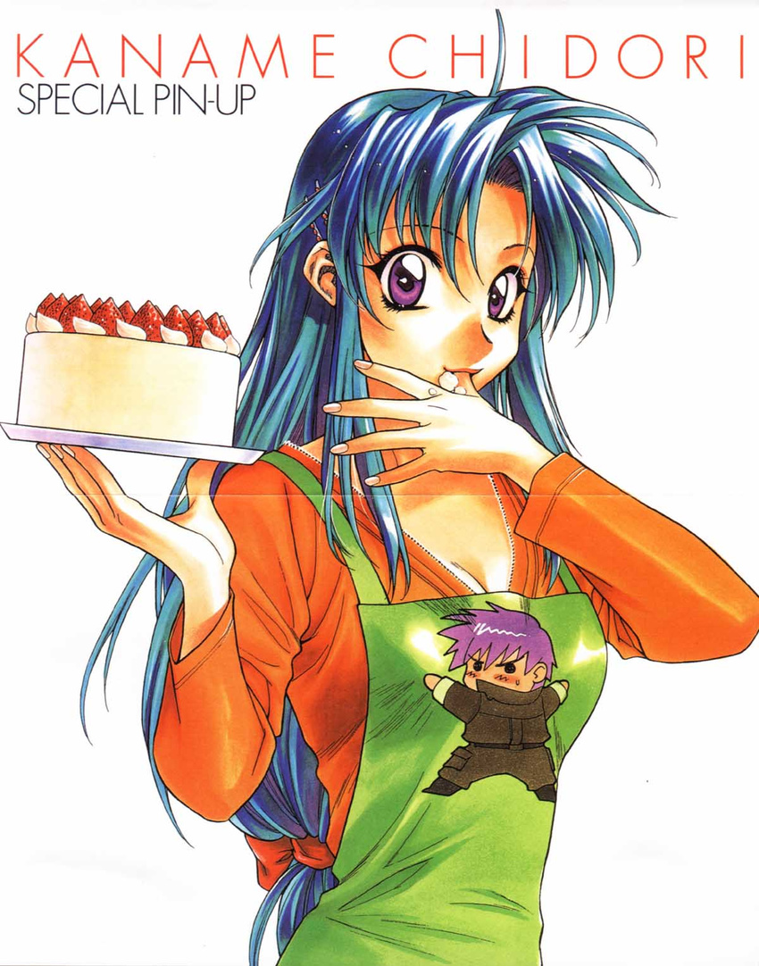 apron blue_hair blush breasts cake character_name chibi chidori_kaname cleavage finger_in_mouth fingernails food food_on_finger fruit full_metal_panic! green_apron highres long_hair long_sleeves looking_at_viewer low-tied_long_hair medium_breasts print_apron purple_eyes purple_hair sagara_sousuke scan scan_artifacts simple_background solo strawberry sweatdrop tateo_retsu white_background