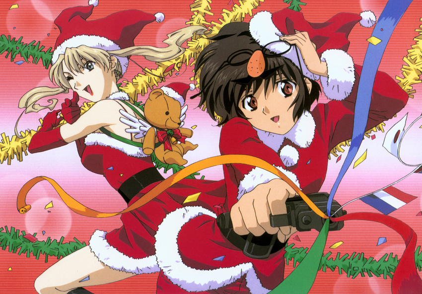 artist_request black_hair blonde_hair bow christmas christmas_tree_earrings confetti earrings flag flags_of_all_nations gun hat highres jester_cap jewelry long_hair long_sleeves mireille_bouquet multiple_girls noir official_art one_eye_closed santa_costume santa_hat short_hair string_of_flags stuffed_animal stuffed_toy teddy_bear weapon yuumura_kirika