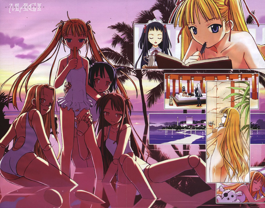 android book casual_one-piece_swimsuit character_request crease doll_joints evangeline_a_k_mcdowell food frilled_swimsuit frills glasses highres leg_grab magi mahou_sensei_negima! maid multiple_girls nude ocean one-piece_swimsuit outdoors palm_tree popsicle reading reflection robot_joints stuffed_animal stuffed_toy swimsuit tankini tree twilight wading water