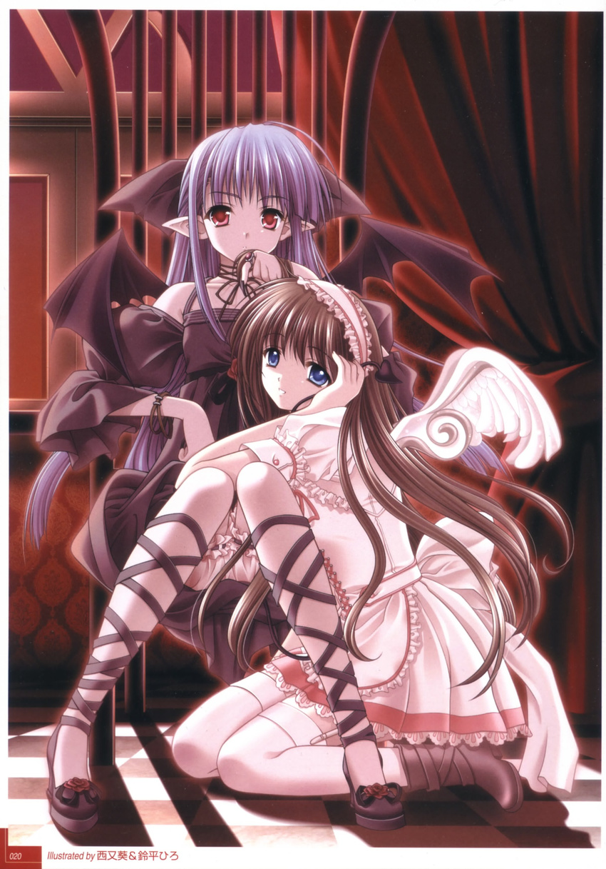 absurdres ahoge blue_eyes blue_hair boots brown_hair cross-laced_footwear detached_sleeves dress highres kneeling knees_together_feet_apart leg_ribbon lisianthus long_hair long_sleeves md5_mismatch multiple_girls nerine nishimata_aoi official_art pointy_ears red_eyes ribbon scan shuffle! sitting suzuhira_hiro thighhighs throne wings
