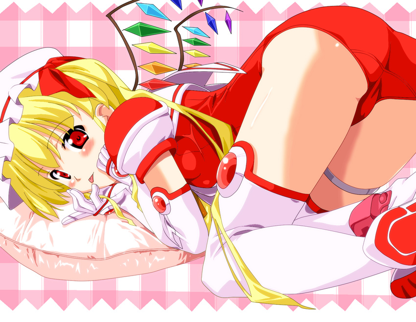 :p alternate_color_school_swimsuit alternate_costume armor ass bangs blonde_hair blush boots border breasts cosplay crossed_legs crystal djibril_aries djibril_aries_(cosplay) elbow_gloves faker_(feketerigo) flandre_scarlet frills from_side gem gloves hair_ribbon hands_on_own_face hat highres kuuchuu_yousai long_hair looking_at_viewer looking_back magical_girl makai_tenshi_djibril makai_tenshi_djibril_2 mini_wings naughty_face one-piece_swimsuit pillow plaid plaid_background ponytail puffy_short_sleeves puffy_sleeves red_cross red_eyes red_swimsuit ribbon sailor_collar school_swimsuit shadow shin_guards short_hair short_sleeves shoulder_pads side_ponytail sidelocks sitting small_breasts solo swimsuit swimsuit_costume thigh_boots thighhighs thighlet third-party_edit tongue tongue_out top-down_bottom-up touhou very_long_hair white_gloves white_legwear wings