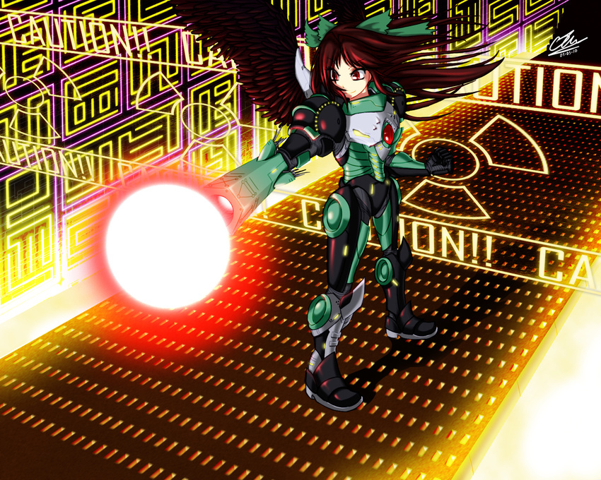 alternate_weapon arm_cannon armor bow brown_hair caution eyes green_bow hair_bow long_hair metroid parody petas power_armor radiation_symbol red_eyes reiuji_utsuho solo touhou weapon wings