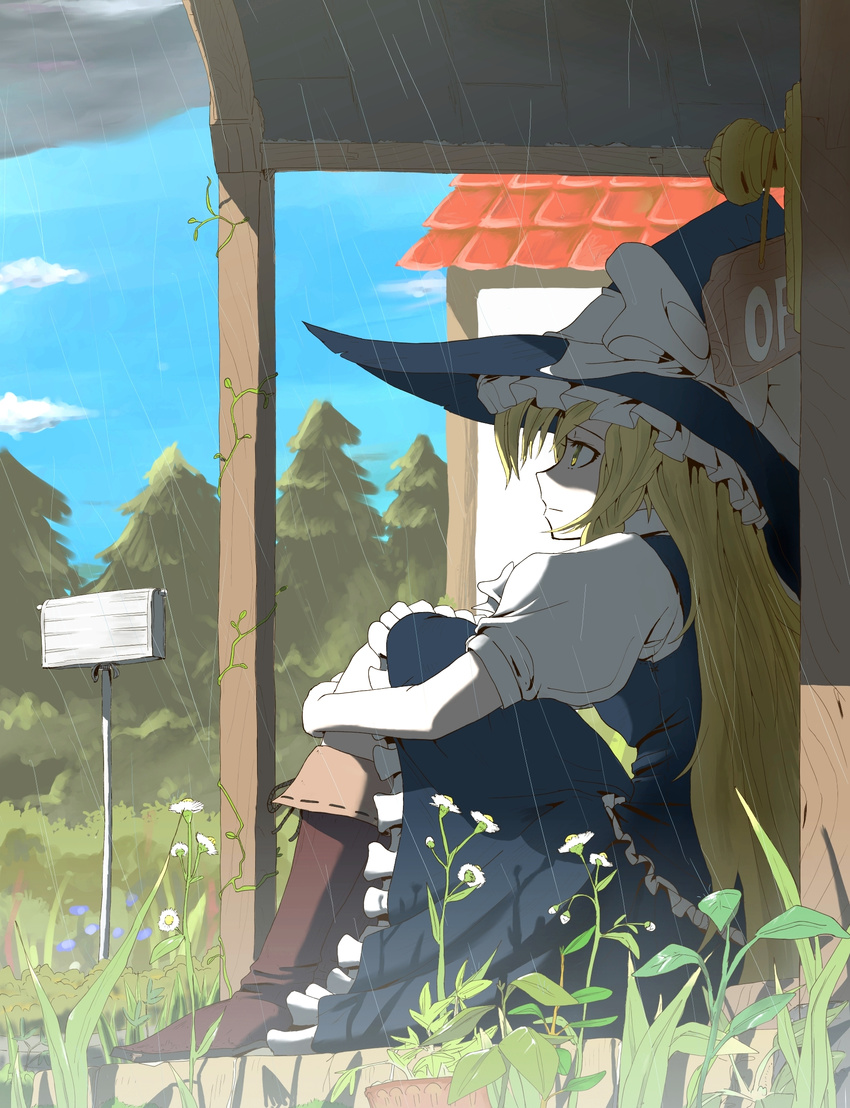 blonde_hair boots braid buncha_to_imon daisy day flower hat highres kirisame_marisa leg_hug long_hair looking_up mailbox_(incoming_mail) profile rain shade sitting sky solo touhou witch_hat yellow_eyes