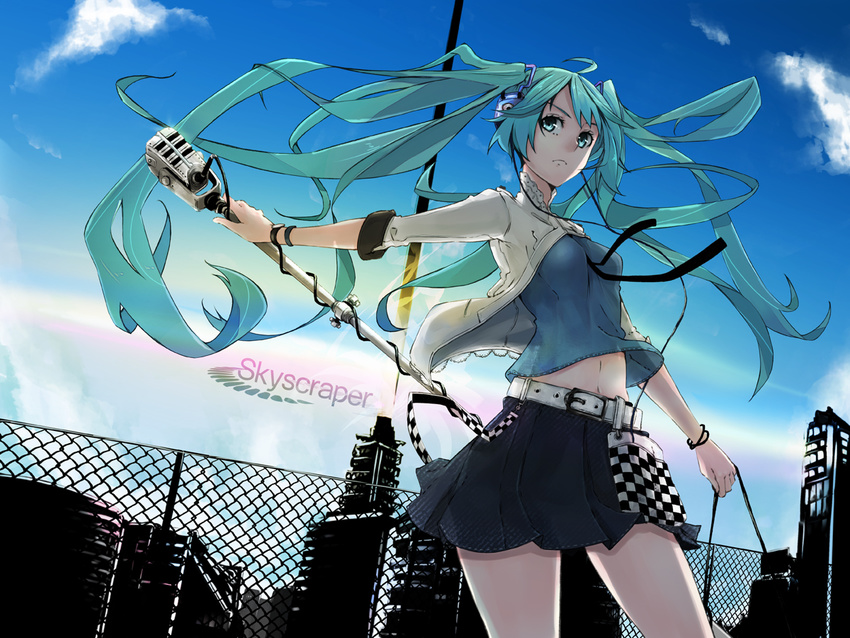 aqua_eyes aqua_hair belt chain-link_fence day fence hatsune_miku long_hair microphone microphone_stand mille_(dieci) skirt sky skyscraper_(vocaloid) solo song_name twintails vocaloid