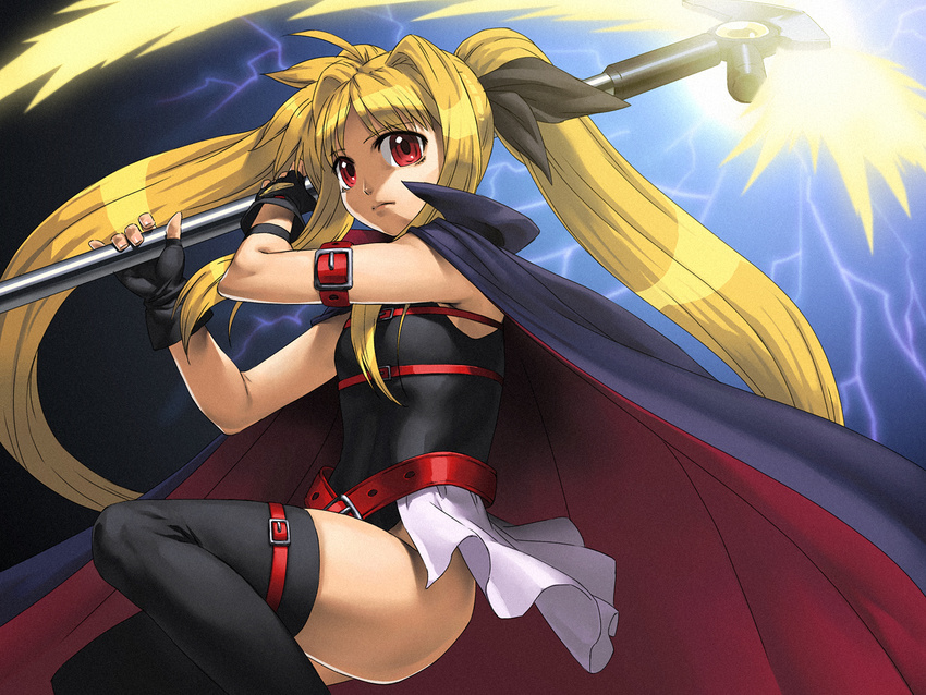 bardiche blonde_hair cape cozy fate_testarossa fingerless_gloves gloves long_hair lyrical_nanoha mahou_shoujo_lyrical_nanoha red_eyes solo thighhighs twintails very_long_hair weapon