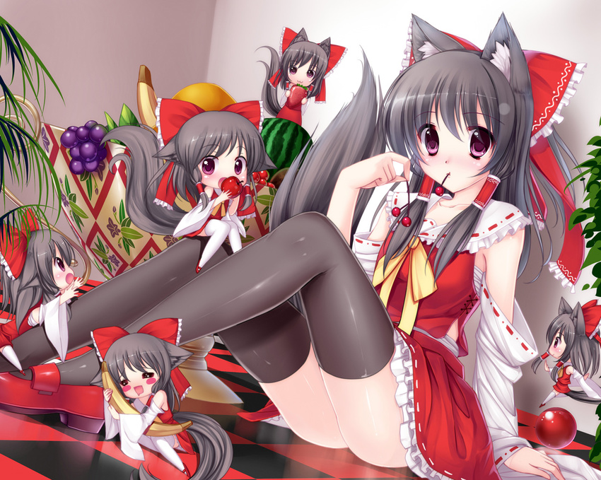 :3 =_= animal_ears apple arm_support banana black_hair blush_stickers bow caidychen cherry clone detached_sleeves dog_ears dog_tail drooling food fruit grapes hakurei_reimu holding holding_food holding_fruit kemonomimi_mode legs long_hair minigirl mouth_hold multiple_girls red_eyes ribbon sitting strawberry tail thighhighs touhou watermelon