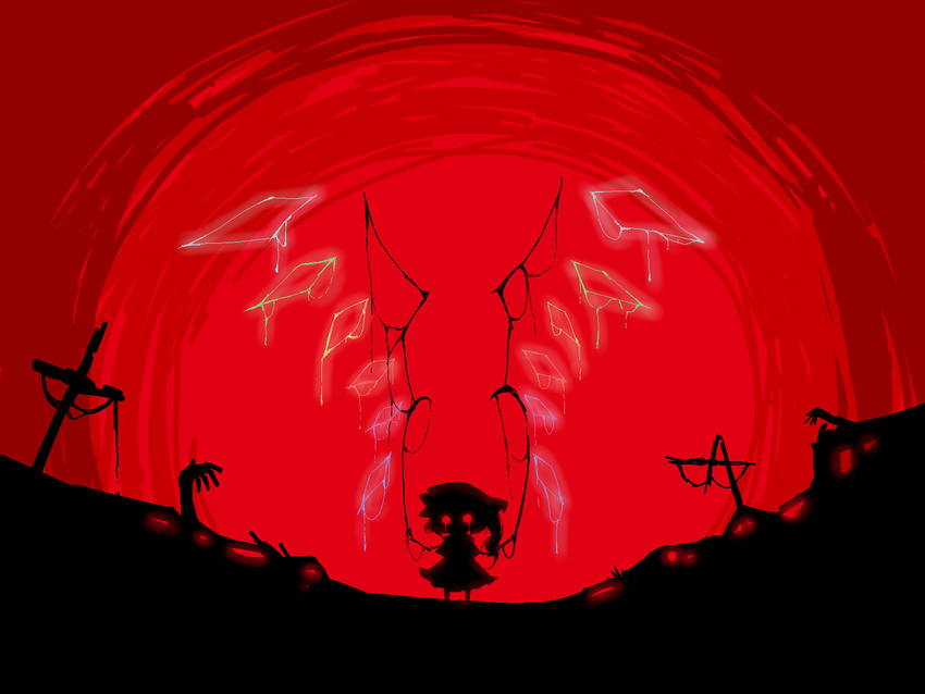 alternate_wings bad_id bad_pixiv_id bloom chibi corpse eiri_(eirri) flandre_scarlet glowing grave highres o_o red side_ponytail silhouette solo tears touhou wings
