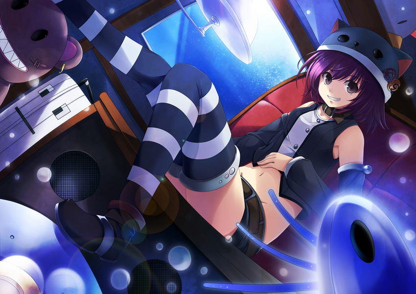 bad_id bad_pixiv_id collar copyright_request detached_sleeves dutch_angle hat lens_flare midriff mizutuki purple_eyes purple_hair short_hair shorts sitting smile solo striped striped_legwear thighhighs