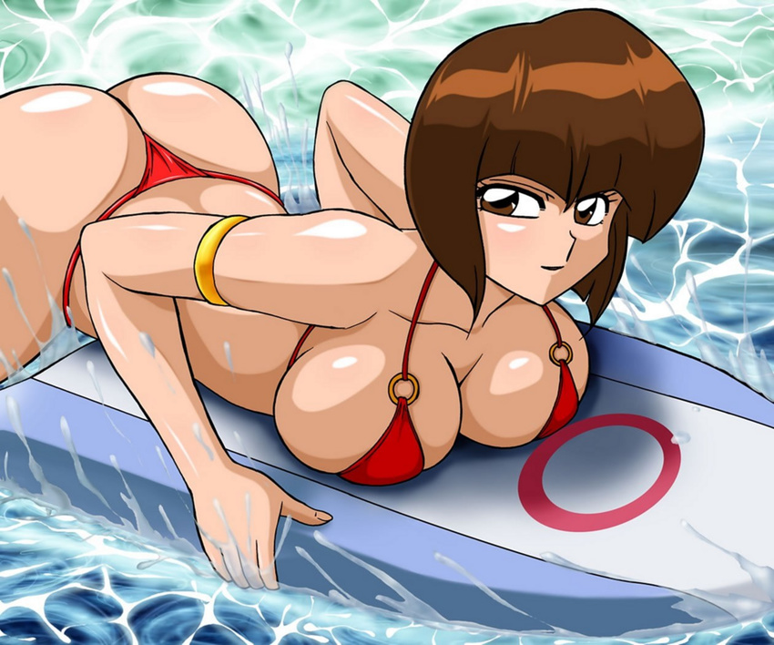 armlet ass bikini breast_press breasts brown_eyes brown_hair derivative_work large_breasts lying on_stomach ranma_1/2 solo string_bikini surfboard swimsuit tendou_nabiki thong_bikini water