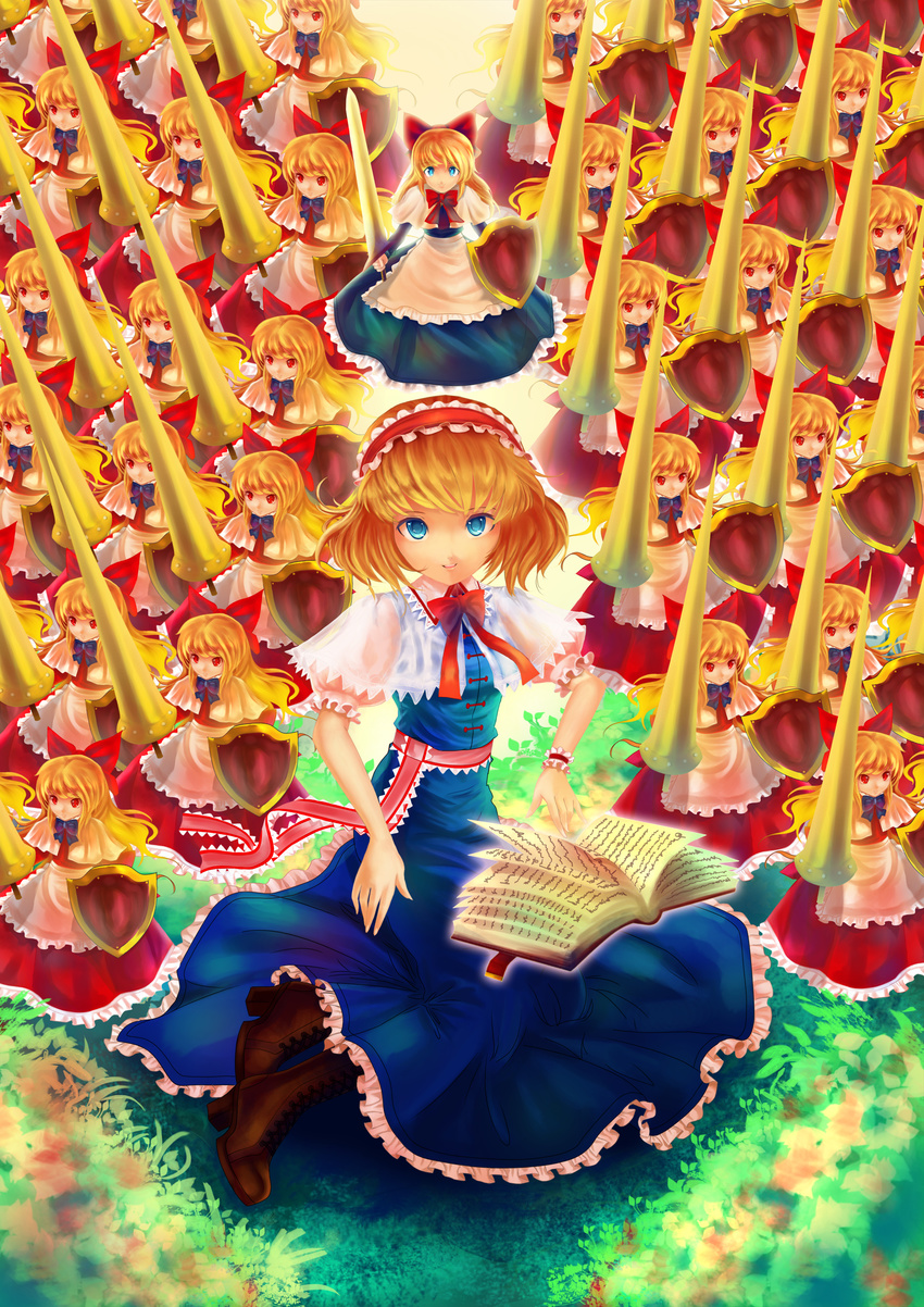 absurdres alice_margatroid blonde_hair blue_eyes book boots doll fatherland2009 hairband highres lance long_hair polearm red_eyes ribbon shanghai_doll short_hair solo spear touhou weapon