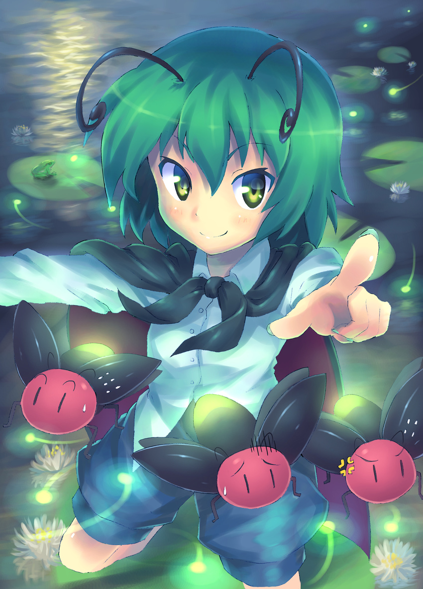 absurdres antennae bug cape fireflies firefly foreshortening frog green_eyes green_hair hands highres insect lily_pad orita_enpitsu pointing short_hair smile solo touhou water wriggle_nightbug