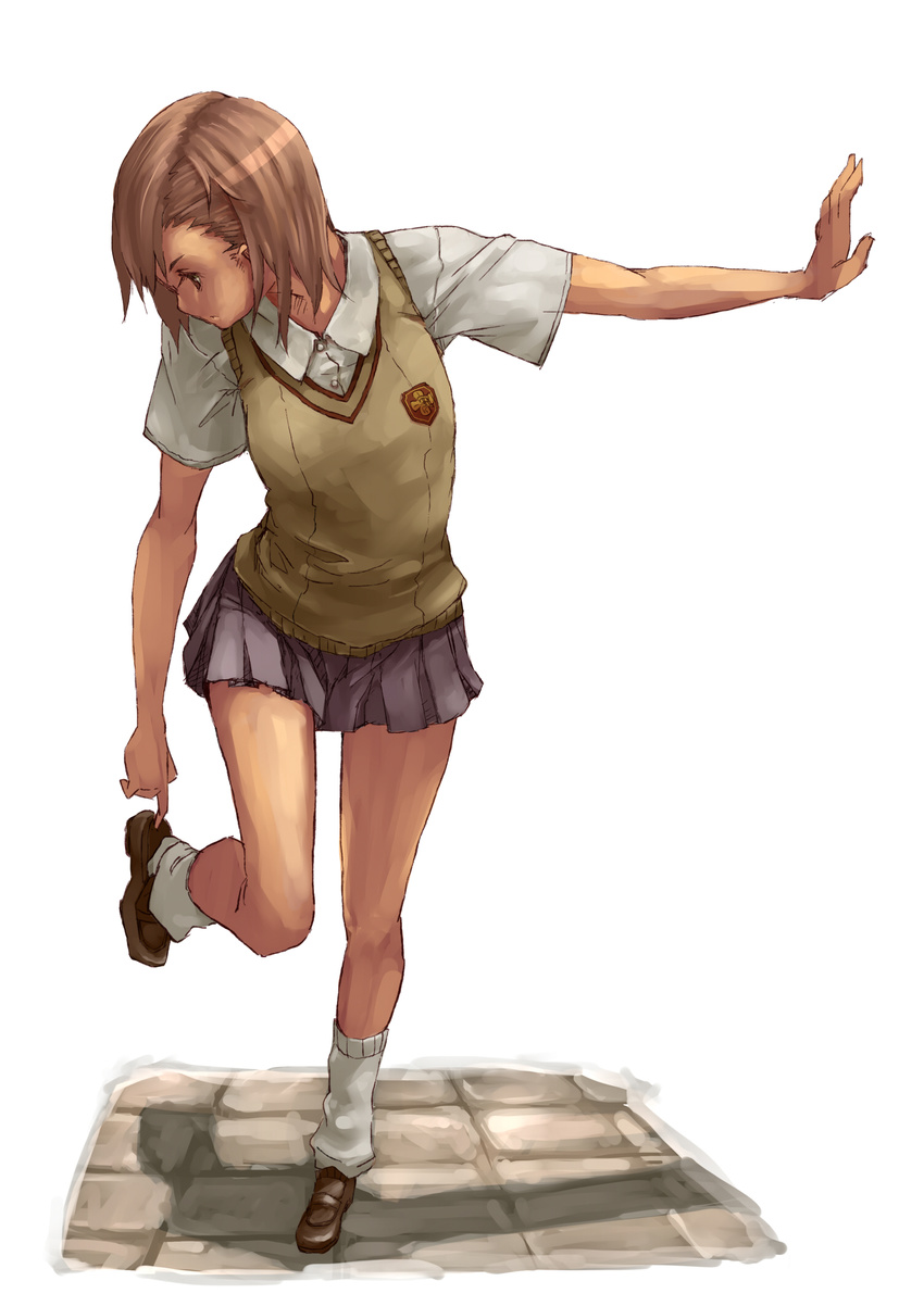 arm_support bad_id bad_pixiv_id brown_eyes brown_hair full_body highres misaka_mikoto putting_on_shoes school_uniform short_hair shorts simple_background solo suzuno_(bookshelf) sweater_vest to_aru_kagaku_no_railgun to_aru_majutsu_no_index