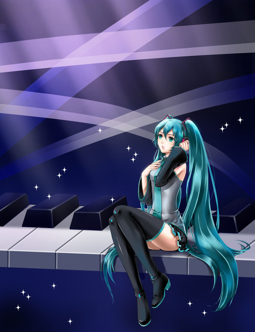 absurdres aqua_eyes aqua_hair detached_sleeves hand_on_own_chest hatsune_miku highres instrument iwao legs long_hair necktie open_mouth piano sitting skirt solo thighhighs twintails very_long_hair vocaloid