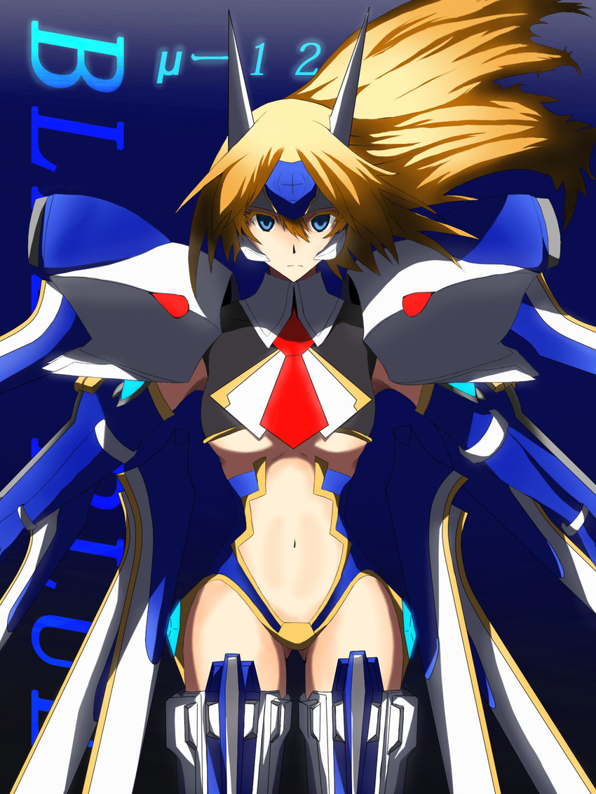 akatsuki_ikki arc_system_works blazblue blonde_hair blue_eyes cape female gradient gradient_background highres kozuki_(pixiv1537910) long_hair mecha_musume midriff mu-12 necktie shoulder_pads solo thigh-highs thighhighs tiara