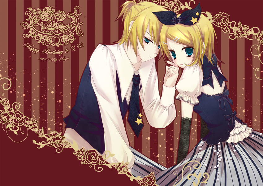 1girl alternate_costume aqua_eyes beads black_gloves black_neckwear black_ribbon blonde_hair blush brother_and_sister dress elbow_gloves gloves hair_ornament hair_ribbon hairclip hand_on_another's_face happy_birthday kagamine_len kagamine_rin lace lace_gloves long_sleeves looking_at_viewer necktie puffy_short_sleeves puffy_sleeves ribbon short_hair short_sleeves siblings skirt star striped striped_background twins vertical-striped_background vertical-striped_skirt vertical_stripes vest vocaloid xinya