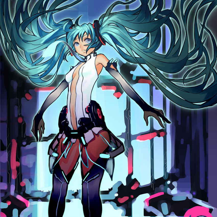 aqua_eyes aqua_hair bad_id bad_pixiv_id belt bridal_gauntlets elbow_gloves fingerless_gloves gloves hatsune_miku hatsune_miku_(append) highres kansou_samehada long_hair necktie solo thighhighs twintails very_long_hair vocaloid vocaloid_append zettai_ryouiki