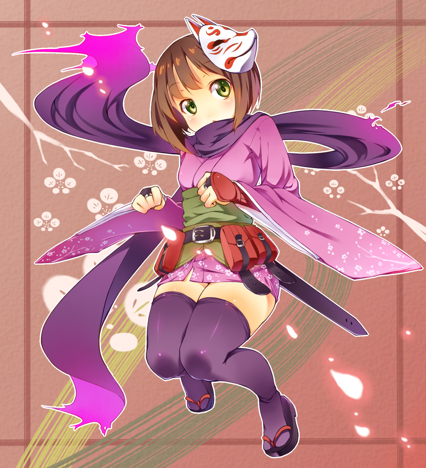 belt black_legwear bridal_gauntlets brown_hair floral_print fox_mask full_body gauntlets green_eyes highres ichi_makoto japanese_clothes kimono legs mask purple_legwear sandals scarf sekaiju_no_meikyuu sekaiju_no_meikyuu_3 shinobi_(sekaiju) short_hair solo thighhighs zettai_ryouiki