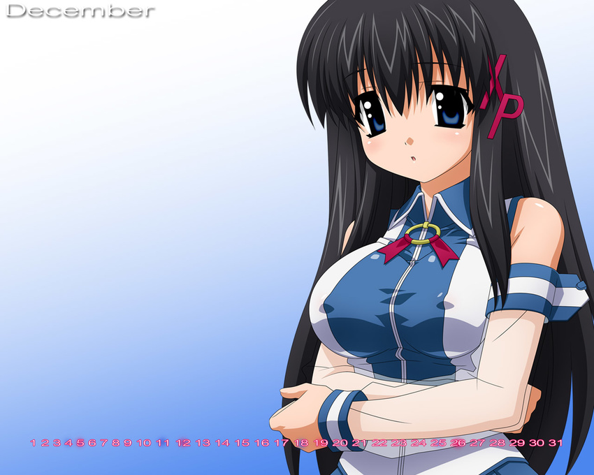 :o bangs bare_shoulders black_hair blue_eyes blush breasts calendar_(medium) covered_nipples crossed_arms december detached_sleeves gradient gradient_background hair_between_eyes hair_ornament jewelry large_breasts long_hair open_mouth os-tan ribbon ring see-through shirt sidelocks sleeveless sleeveless_shirt solo sugimura_tomokazu taut_clothes taut_shirt upper_body very_long_hair wallpaper xp-tan zipper