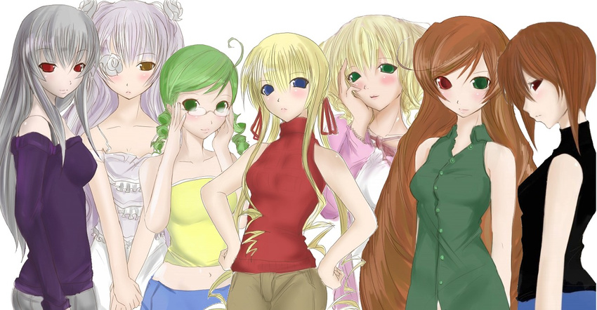 black_skirt blonde_hair blue_eyes blush bow brown_eyes brown_hair chemical-x drill_hair everyone flower glasses green_eyes green_hair green_shirt grey_hair hand_on_own_cheek hands_on_hips hands_together heterochromia hina_ichigo kanaria kirakishou long_hair looking_at_viewer multiple_girls one-eyed pink_shirt purple_hair purple_skirt red_bow red_eyes red_skirt rose rozen_maiden shinku shirt short_hair simple_background skirt smile souseiseki suigintou suiseiseki white_background white_bow white_skirt yellow_skirt