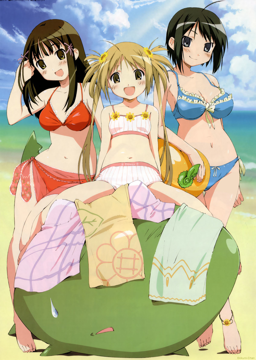 :d adjusting_hair ahoge alligator anklet artist_request ball bangs barefoot beach beach_towel beachball bikini black_hair blonde_hair blue_bikini blue_eyes bow bow_bikini breasts brown_eyes brown_hair clothes_writing cloud covered_eyes crocodilian day english feet floral_print flower frilled_bikini frills front-tie_top hair_flower hair_ornament hairclip head_tilt highres holding jewelry kore_ga_watashi_no_goshujin-sama kurauchi_anna large_breasts light_brown_hair light_rays light_smile long_hair looking_at_viewer multiple_girls navel ocean official_art open_mouth outdoors parted_bangs pinstripe_pattern plaid pochi_(kore_ga_watashi_no_goshujin-sama) quad_tails reclining red_bikini red_sarong sarong sawatari_izumi sawatari_mitsuki scan see-through short_hair siblings side-tie_bikini sisters sitting sitting_on_head sitting_on_person sky small_breasts smile sports_bikini spread_legs standing straddling striped striped_bikini striped_swimsuit sunbeam sunflower sunlight sweatdrop swimsuit tankini thigh_gap tiptoes towel translucent_sarong very_long_hair water watermark white_bikini wide_hips