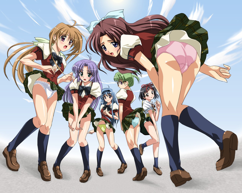 :o antenna_hair aqua_eyes ass bent_over black_hair blonde_hair blue_eyes blue_hair blue_panties blush bow bowtie brown_hair cloud covering day embarrassed everyone glasses green_hair hair_bow hair_ribbon hairband hirasawa_hiroko ibuse_okie kakyuusei_2 kneehighs knees_together_feet_apart kotono_chiho lace lace-trimmed_panties long_hair looking_back multiple_girls open_mouth outdoors panties pantyshot pantyshot_(standing) pink_panties plaid plaid_skirt pleated_skirt ponytail purple_eyes purple_hair ribbon saimon_tamaki sanshita school_uniform shirai_yuuri shoes short_hair short_twintails skirt sky socks standing surprised takatoo_nanase thighs twintails underwear vest wallpaper white_panties wind wind_lift yellow_eyes yellow_panties