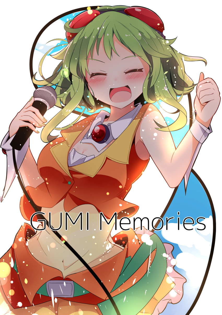 1girl amulet bare_shoulders belt blush cable crop_top eyes_closed frilled_skirt frills goggles goggles_on_head green_belt green_hair gumi highres holding holding_microphone microphone orange_shirt orange_skirt pachio_(patioglass) shirt short_hair short_hair_with_long_locks skirt smile solo thumbs_up upper_body vocaloid wrist_cuffs