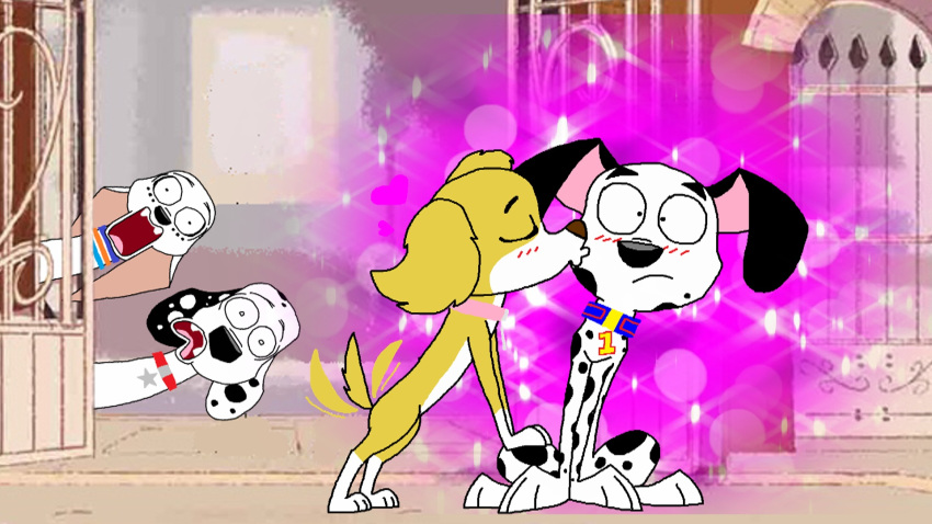 101_dalmatian_street 101_dalmatians 16:9 black_spots blush blush_lines canid canine canis canon_x_oc cockapoo crossover dalmatian danukistudio disney dolly_(101_dalmatians) domestic_dog duo dylan_(101_dalmatians) female feral fur hi_res kissing male mammal markings mixed_breed nickelodeon paw_patrol skye_(paw_patrol) spots spotted_body spotted_fur tan_body tan_fur thomas_dalmatian white_body white_fur widescreen